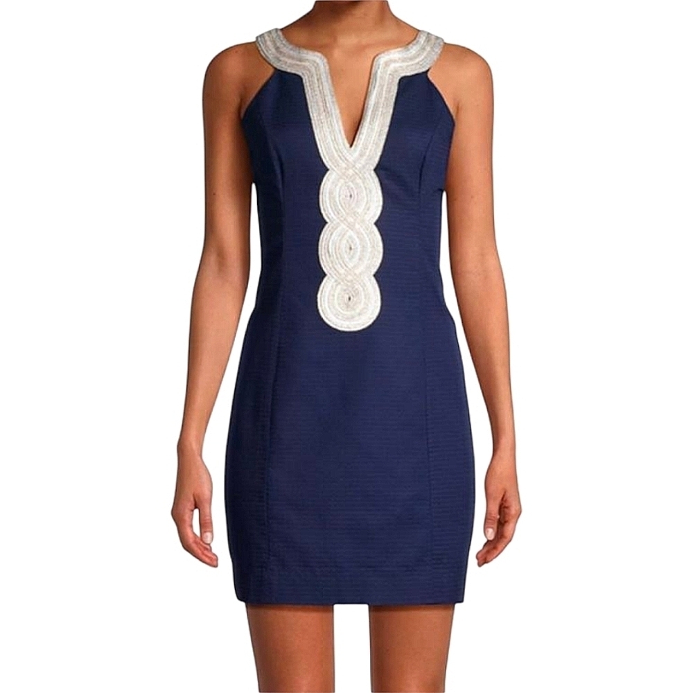 Lilly Pulitzer Valli Navy Shift Mini Dress Silver Gold Metallic Trim 00